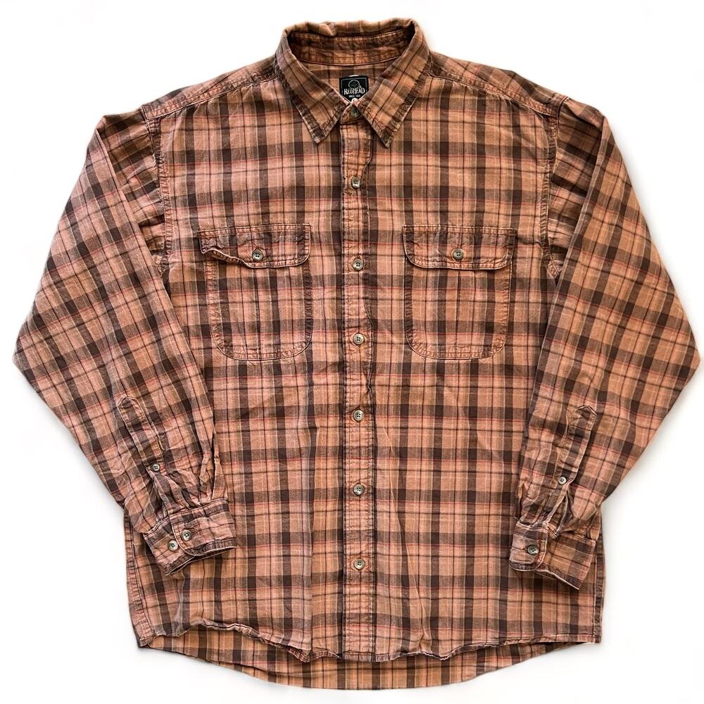 RedHead Orange Brown Plaid Button Up Lightweight Shirt L Grunge Pocket Skater